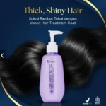 Venon Hair Treatment Coat DE-ARTISTIC – solusi rambut tebal dan mengkilap, botol produk ungu dengan rambut hitam panjang berkilau sebagai latar belakang