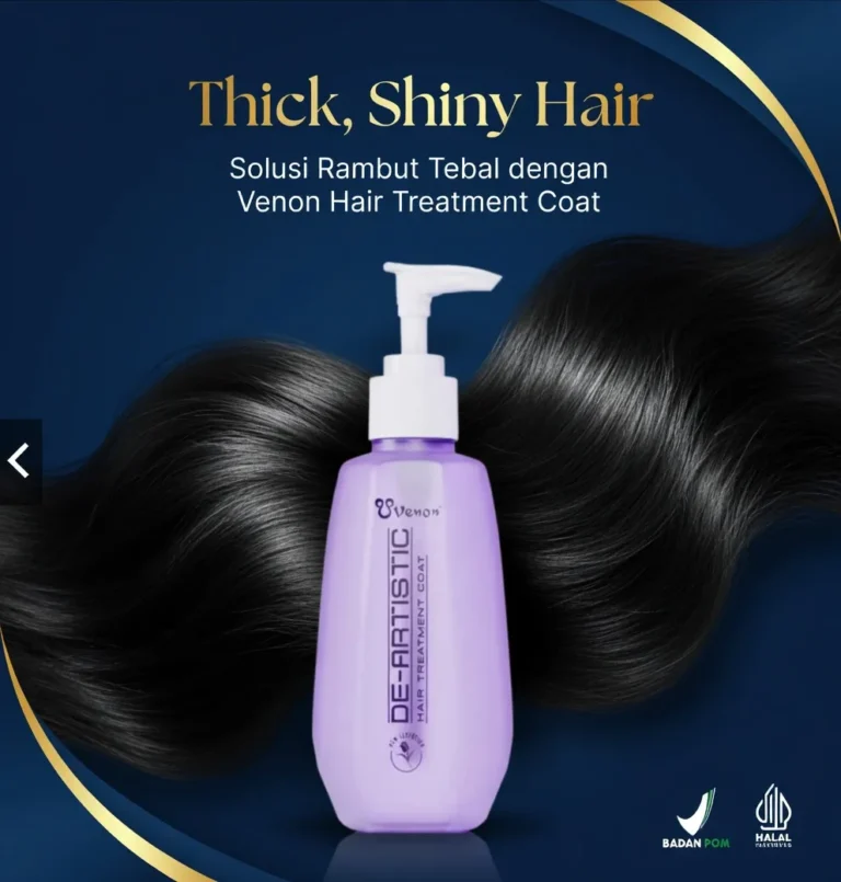 Venon Hair Treatment Coat DE-ARTISTIC – solusi rambut tebal dan mengkilap, botol produk ungu dengan rambut hitam panjang berkilau sebagai latar belakang